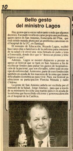 Bello gesto del Ministro Lagos. Artículo de prensa